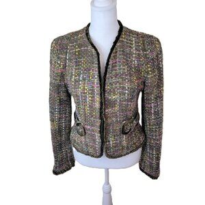 INC Bouclé Tweed Multicolored Blazer W Velvet Piping Trim Wool Blend Women's 2